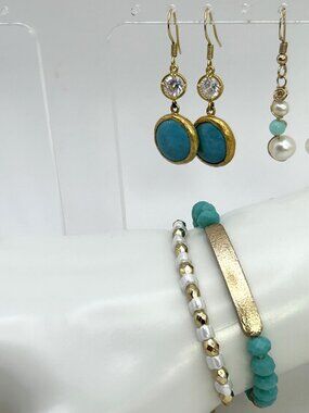 Turquoise Color Beaded Bracelet Earrings Set Adjustable Boho Stack